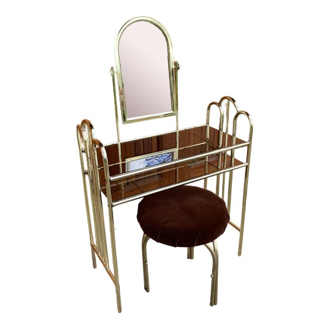 Vintage Dressing Table and Stool in Brass, 1950s, Set of 2 For Sale