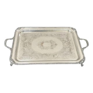 Antique English Victorian Rectangular Silver Plated Platter Bar Tray on Paw Feet For Sale