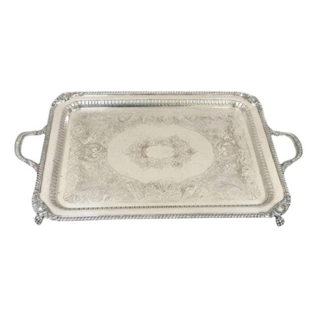 Antique English Victorian Rectangular Silver Plated Platter Bar Tray on Paw Feet For Sale
