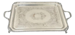 Antique English Victorian Rectangular Silver Plated Platter Bar Tray on Paw Feet