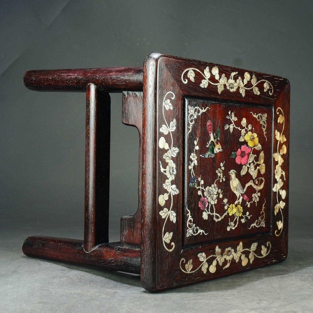 Vintage Chinese Zitan Rosewood Mother-of-Pearl Inlaid "Magpie on Plum" Stool For Sale - Image 4 of 7
