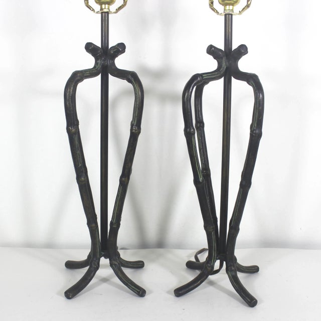 Vintage French Faux Bamboo Lamps With Bronze Finish - A Pair For Sale - Image 10 of 11