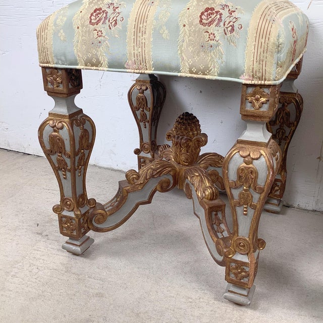 Pair of Vintage Louis XVI–Style Upholstered Footstools With Gilt Carved Bases For Sale - Image 10 of 12