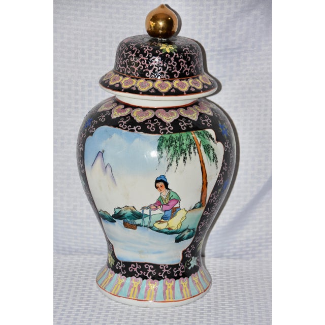 Japanese Decor Royal Satsuma Hand Painted Ginger Jar Vase Fabulous mid-century Satsuma style export ginger jar in...