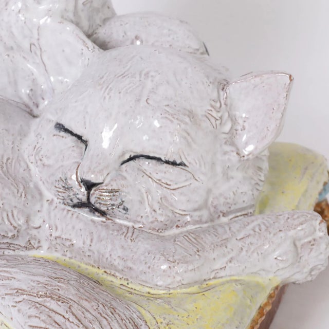 White Vintage Italian Terra Cotta Two Cats on a Pillow For Sale - Image 8 of 9