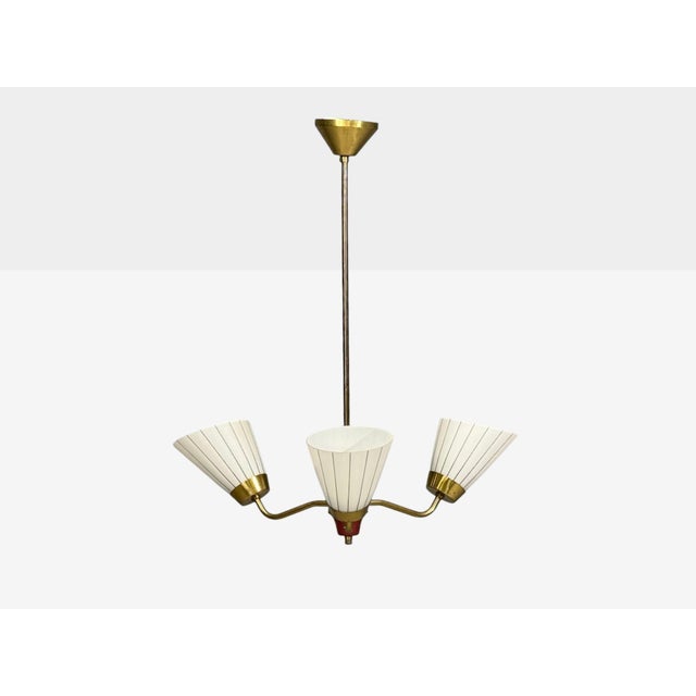 1950s 1950s Swedish Modern, Three-Light Pendant Light, Brass, Wood, Glass For Sale - Image 5 of 11
