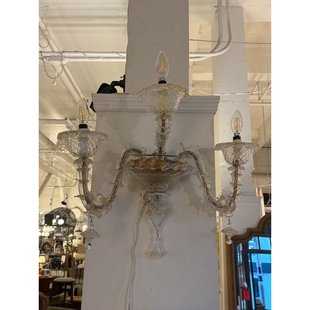 Italian Mid 20th Century Murano Style Glass + Brass Sconce For Sale - Image 3 of 12