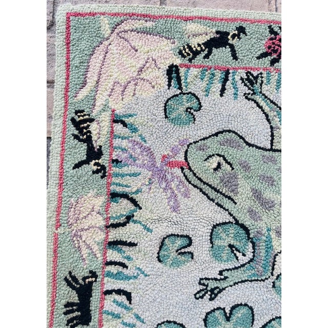 Late 20th Century Late 20th Century Hooked Wool Folk Art Tapestry With Frog, Lilly Pads and Insects For Sale - Image 5 of 11