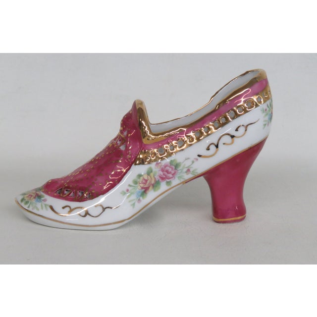 Victorian Limoges China Porcelain Shoe Figurine Pink Hand Painted Flowers Gold Trim 4980b For Sale - Image 3 of 17