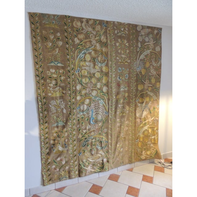 Large Antique Venetian Embroidered Floral Fragment depicting flowers, vines and birds. Hand-stitched silk threads on dark...