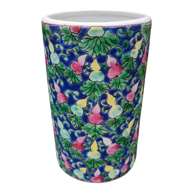 Vintage Chinese Hand Painted Porcelain Brush Pot Vase For Sale