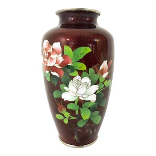 Old Japanese 'Red and White Roses' Vase Ginbari Cloisonné With Solid Silver Trim For Sale