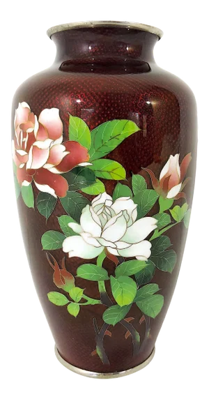 Old Japanese 'Red and White Roses' Vase Ginbari Cloisonné With Solid Silver Trim