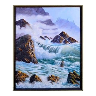 1980s "Crashing Waves" Seascape Oil Painting, Framed For Sale
