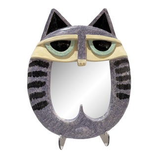 Vintage 1981 m.p. Ent. Whimsical Cat Wall Mirror Lavender Ceramic Folk Art For Sale