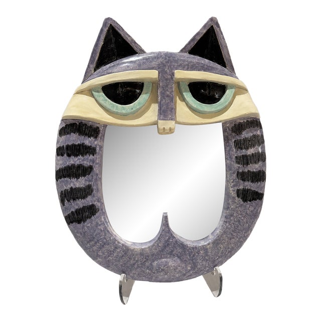 Vintage 1981 m.p. Ent. Whimsical Cat Wall Mirror Lavender Ceramic Folk Art For Sale