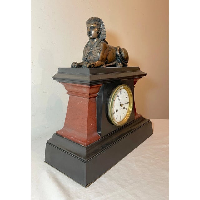 Bronze Heavy Antique 19th Century R. Stuart Egyptian Revival Marble Bronze Mantle Clock For Sale - Image 8 of 16