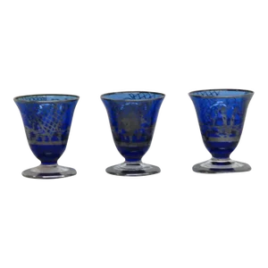 Cobalt Blue Glass Silver Design Small Footed Shot Glasses Set of Three