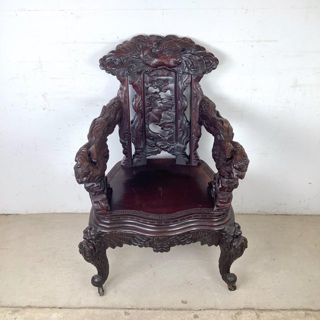 Chinese Antique Chinese Export Carved Hardwood Dragon Armchair, Late 19th to Early 20th Century For Sale - Image 3 of 12
