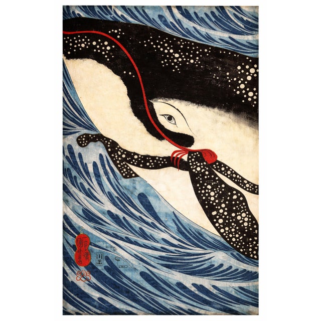 Japanese Whale Triptych, Kuniyoshi Ocean Scene, Coastal Nautical Art Print Set of 3, 24" × 36" For Sale - Image 4 of 10