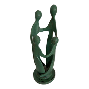 Vintage Mid Century Modern Abstract Family Sculpture | Green Patina Cast Metal Figurine | 1960s Modernist Home Decor