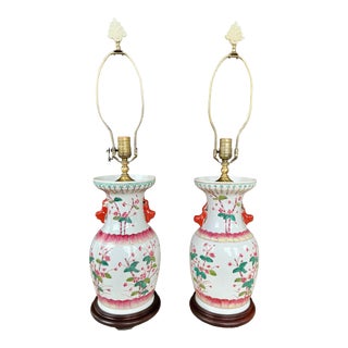 Pair of Vintage Chinese Export Lamps Mounted on Wood Bases For Sale