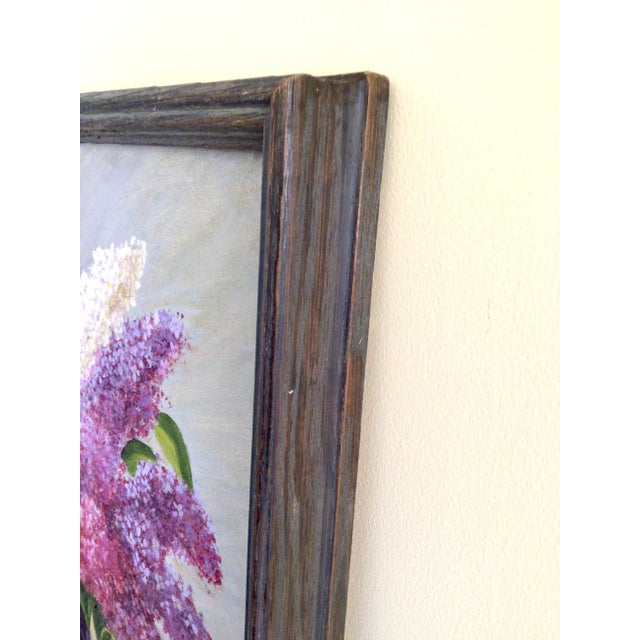 Vintage Original Oil Painting “Lilacs in Vase” in Wood Frame For Sale - Image 10 of 13