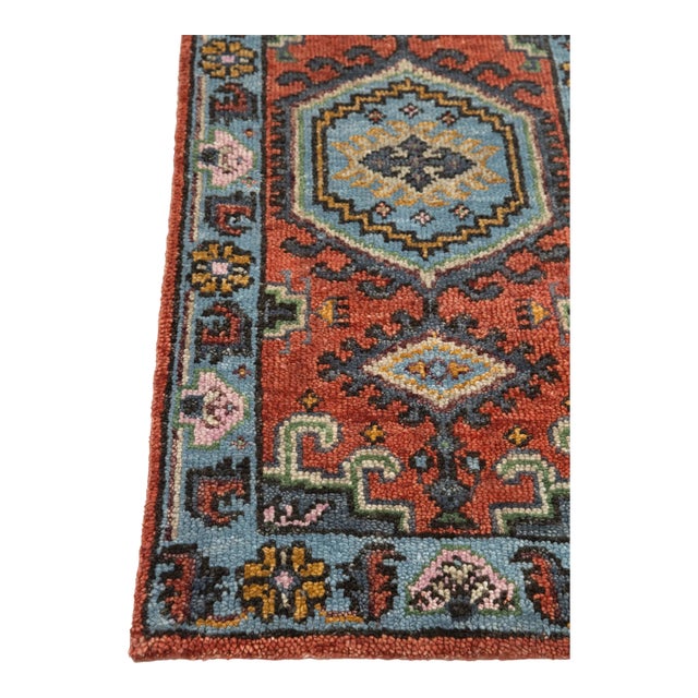 2.6x16Ft. Brunt Orange Light Blue Persian Design Inspired Hand Knotted Wool Runner Rug For Sale
