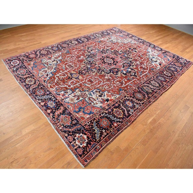 Textile 1930 Crimson Red Antique Persian Heriz Rosette Hand Knotted Pure Wool Clean Rug For Sale - Image 7 of 12