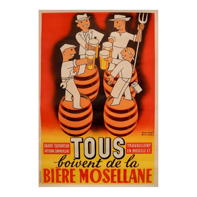 1950 French Art Deco Beer Poster "Tous Boivent De La Bière Mosellane" (Yellow) For Sale