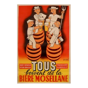 1950 French Art Deco Beer Poster "Tous Boivent De La Bière Mosellane" (Yellow)