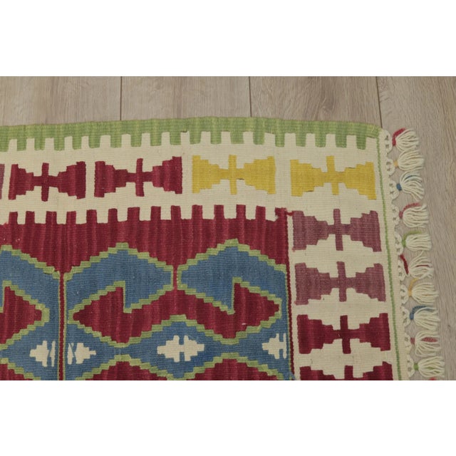 1960s Turkish Geometric Red and Blue Hand Knotted Kilim Rug For Sale - Image 4 of 13