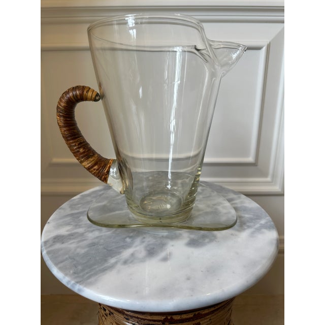 Mid-Century Modern Vintage Carl Aubock Style Pitcher With Rattan Wrapped Handle and Attached Underplate For Sale - Image 3 of 12