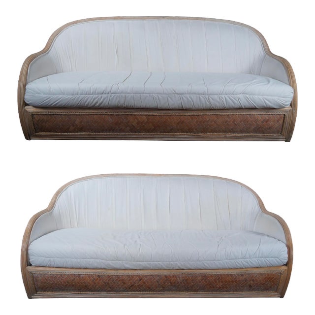 Mid 20th Century Mid Century Modern Bohemian Rattan & Split Reed Barrel Back Sofas- Set of 2 For Sale