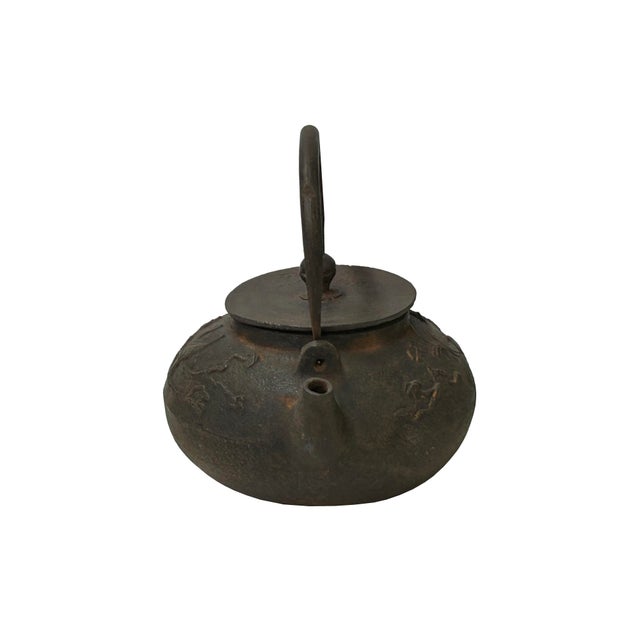 1980s Vintage Rustic Mixed Iron Relief Cranes Motif Teapot Shape Display Art For Sale - Image 5 of 11