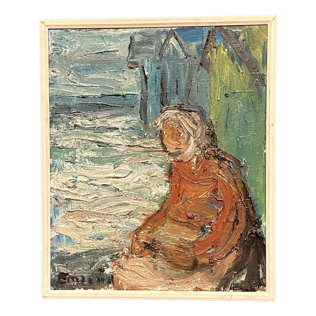 Einar Emland, Figure by the Harbor, 1950s, Oil Painting on Canvas, Framed For Sale