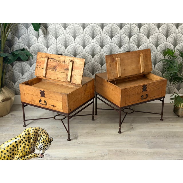 Vintage Rustic Mexican Pine Wood and Wrought Iron and Brass Storage Trunk Chest Side Tables - A Pair For Sale - Image 9 of 15