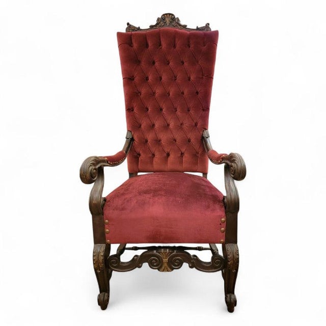 Antique Victorian Carved Ornate Oversized Tufted Back Throne Chair Newly Reupholstered For Sale In Chicago - Image 6 of 8