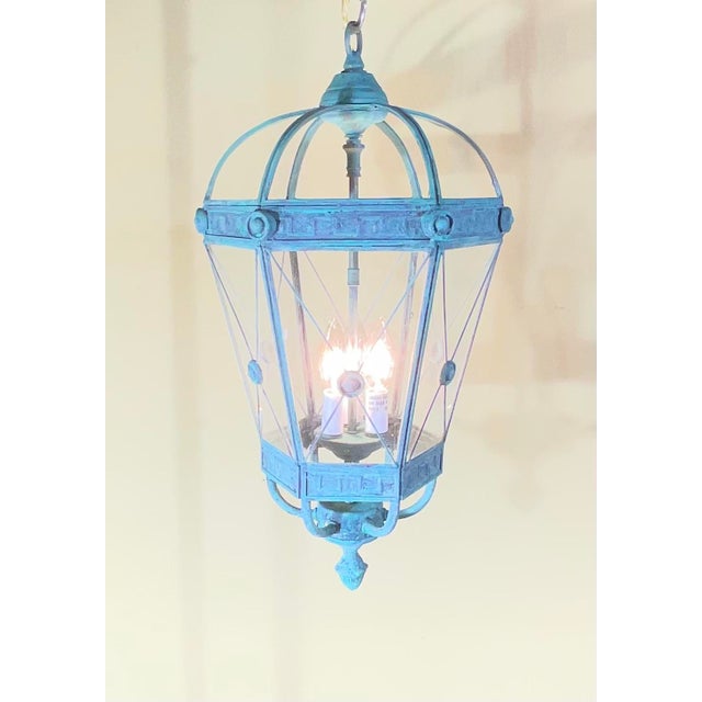 Vintage Style Solid Brass Verdigris Hanging Lantern - Restored & Rewired / 23”h For Sale In Miami - Image 6 of 18