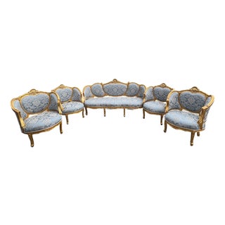 1940 French Louis XVI Gold Beech Damask Sofa Set - 5 PCS For Sale