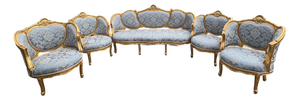 1940 French Louis XVI Gold Beech Damask Sofa Set - 5 PCS