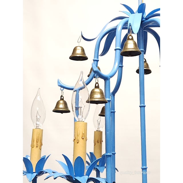 Mid-Century Modern Splendid Italian Tole Vintage Baby Blue Faux Bamboo Pagoda Brass Chandelier ~ Rewired ~ Restored ~ Rejuvenated ~ Ready to Hang ~ For Sale - Image 3 of 12