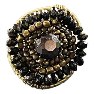 Vintage 1990s Beaded Cocktail Ring in Black and Antique Gold, Size 8 For Sale