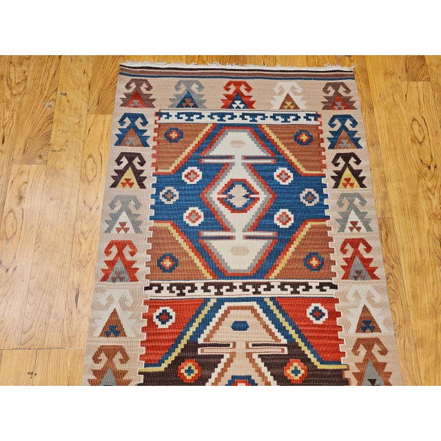 Vintage Turkish Tribal Kilim Runner, Handwoven Wool, Geometric Caucasian Pattern, Blue & Red, 3x8 For Sale - Image 12 of 17