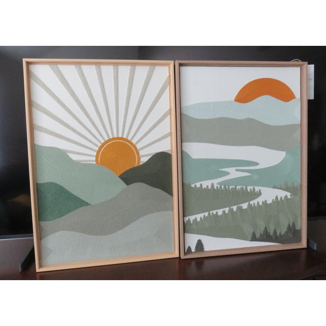 Textile Embroidered Woven Wall Art Set Mountain & Sun Decor New Bp Home 18.5 in X 26.5 In For Sale - Image 10 of 11