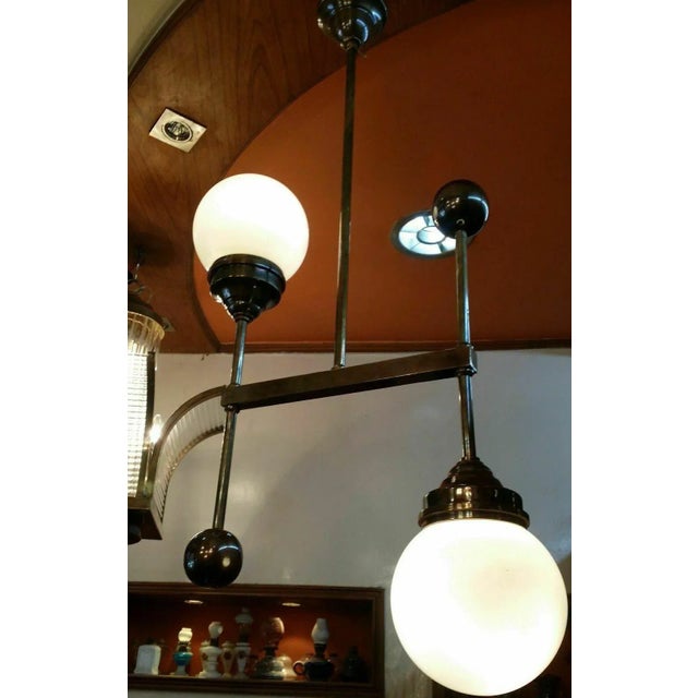 Art Deco 1940s Art Deco Bauhaus Brass Hanging Light with Milk Glass Shades For Sale - Image 3 of 5