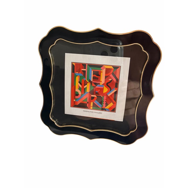 1980s Vintage 1980's Hermès “Perspective Cavalière” Print of Hermes Scarf Avertisement Art in Black & Gold Scalloped Frame For Sale - Image 5 of 10