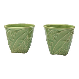 1940's McCoy Mini Green Planters in Leaf Design - Set of 2 For Sale
