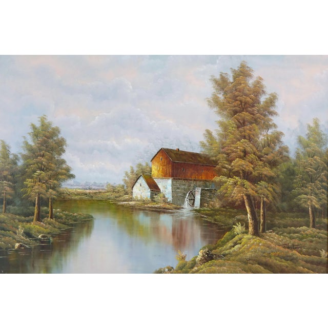 The Mill, Large Original landscape painting on canvas, signed by artist. Small imperfections on bottom center of canvas,...