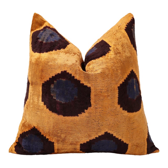 Luxury Handwoven Silk Velvet Ikat Throw Pillow 20x20 Inch | Organic Vegetable Dyed For Sale